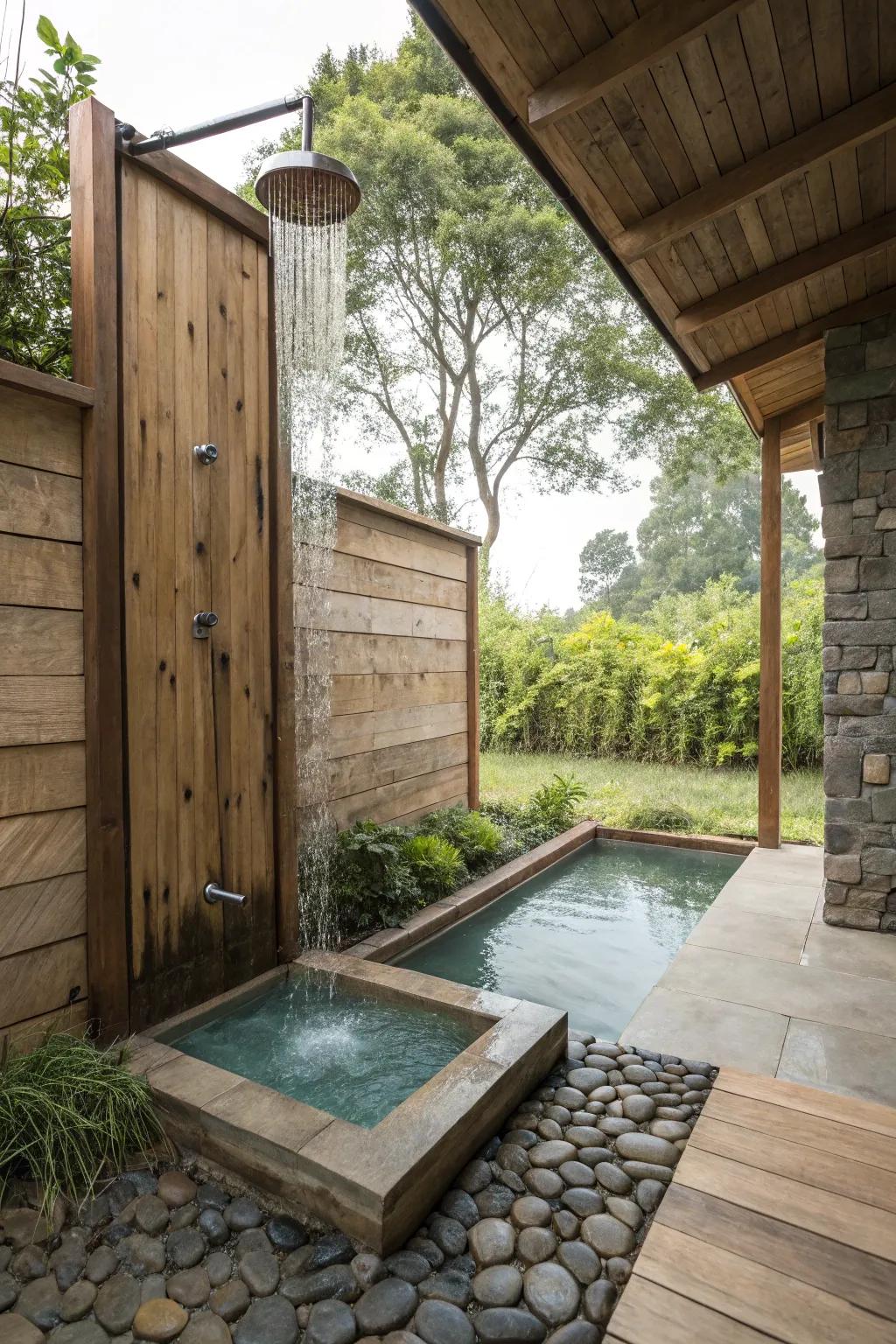 Outdoor showers append both function and style to pool areas.