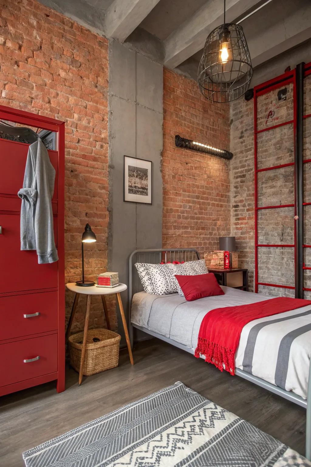 An industrial chic small bedroom with exposed brick and a red and grey color scheme.