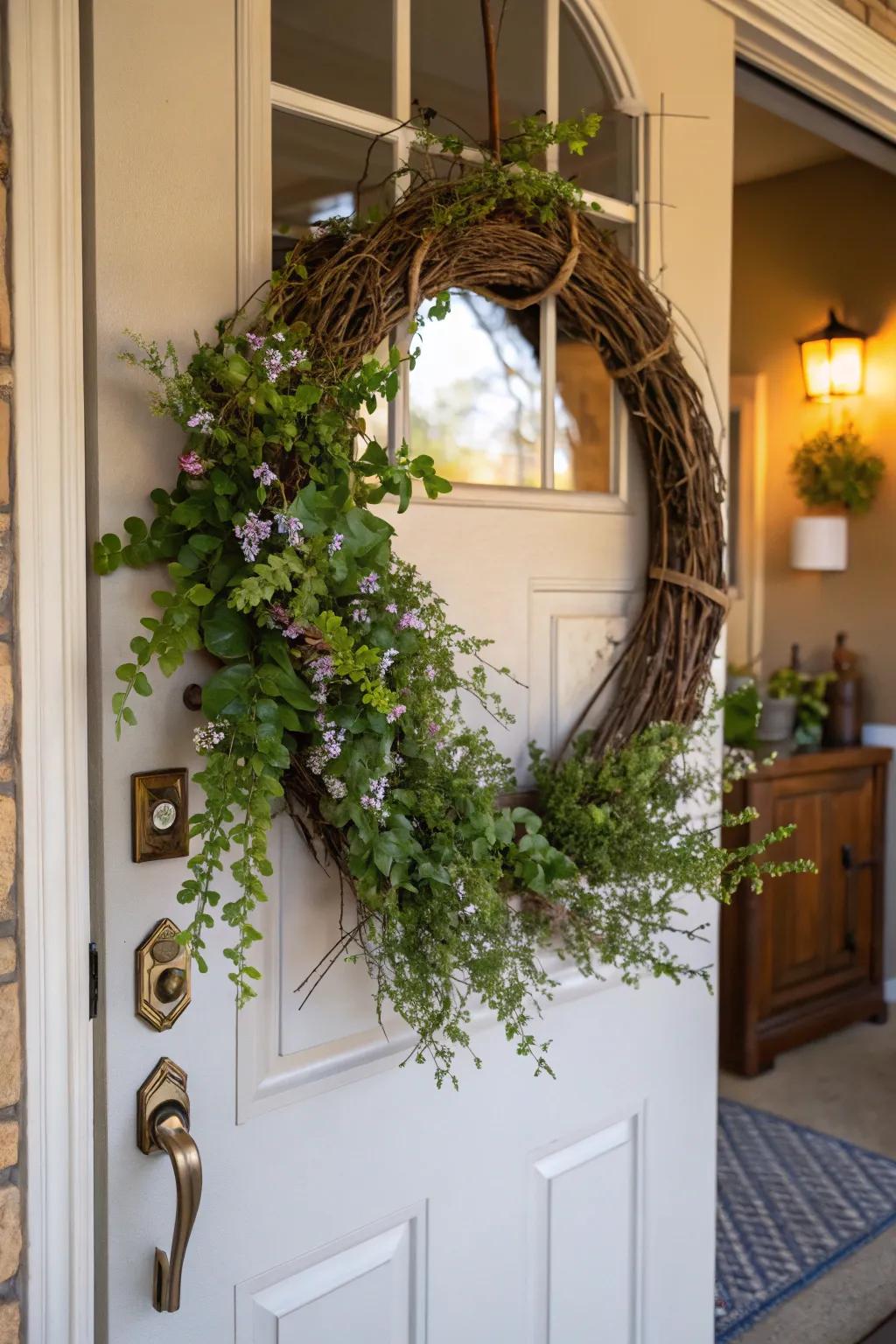 A wood loop holding flowers offers a cozy welcome.