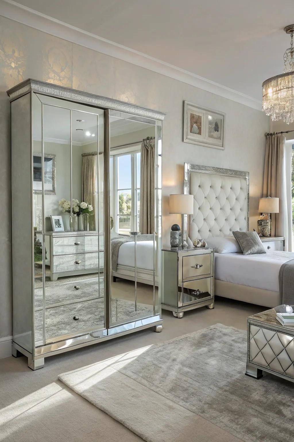 Reflective furnishings in a bedroom, creating an illusion of space.