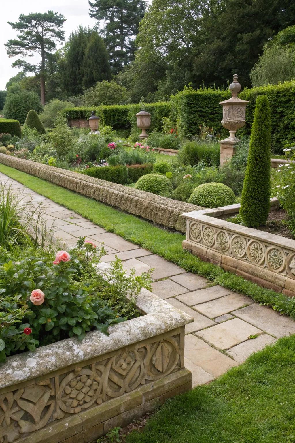 Decorative stone borders that define and beautify garden spaces.