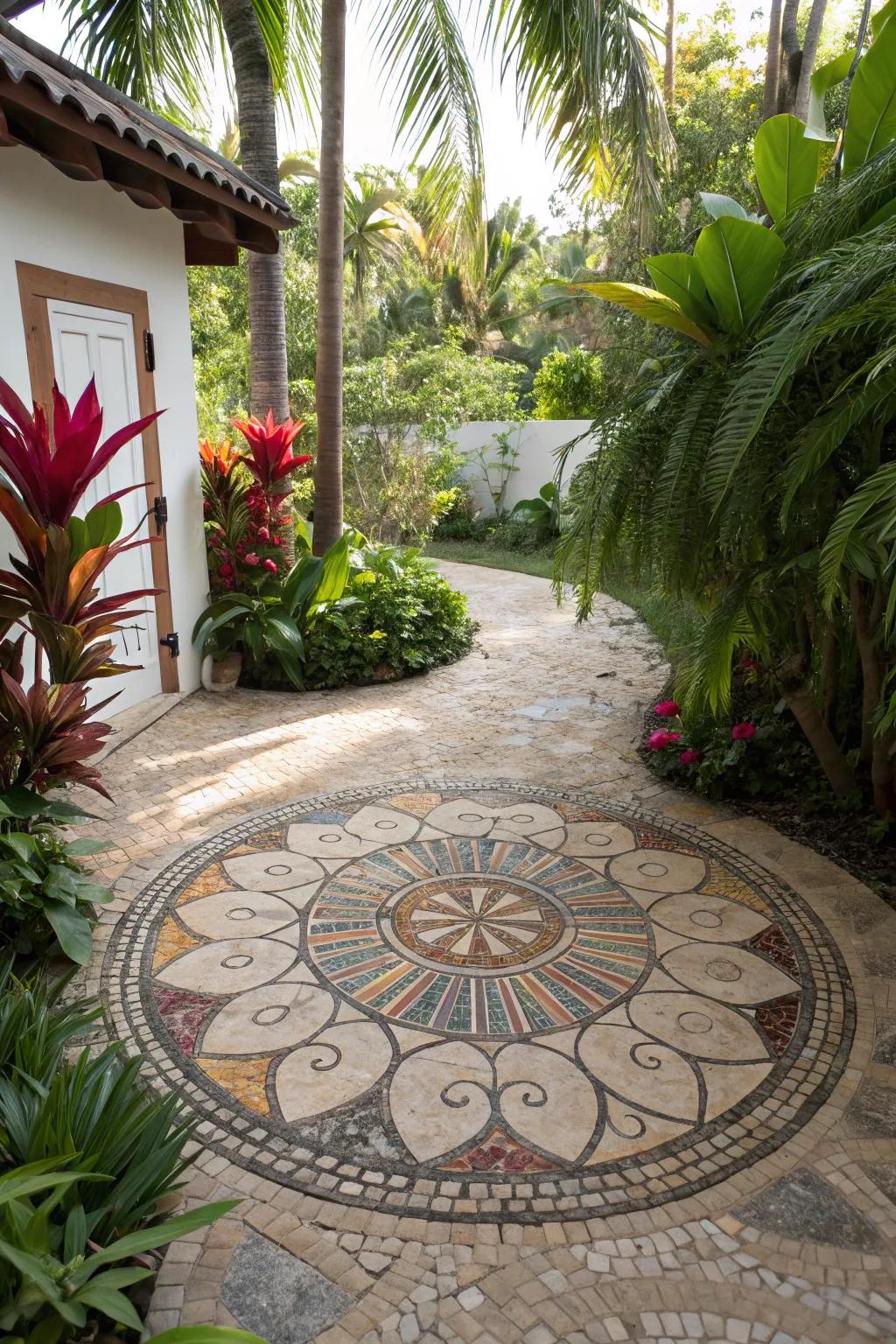 An artistic touch is added to the garden floor with a pebble mosaic.