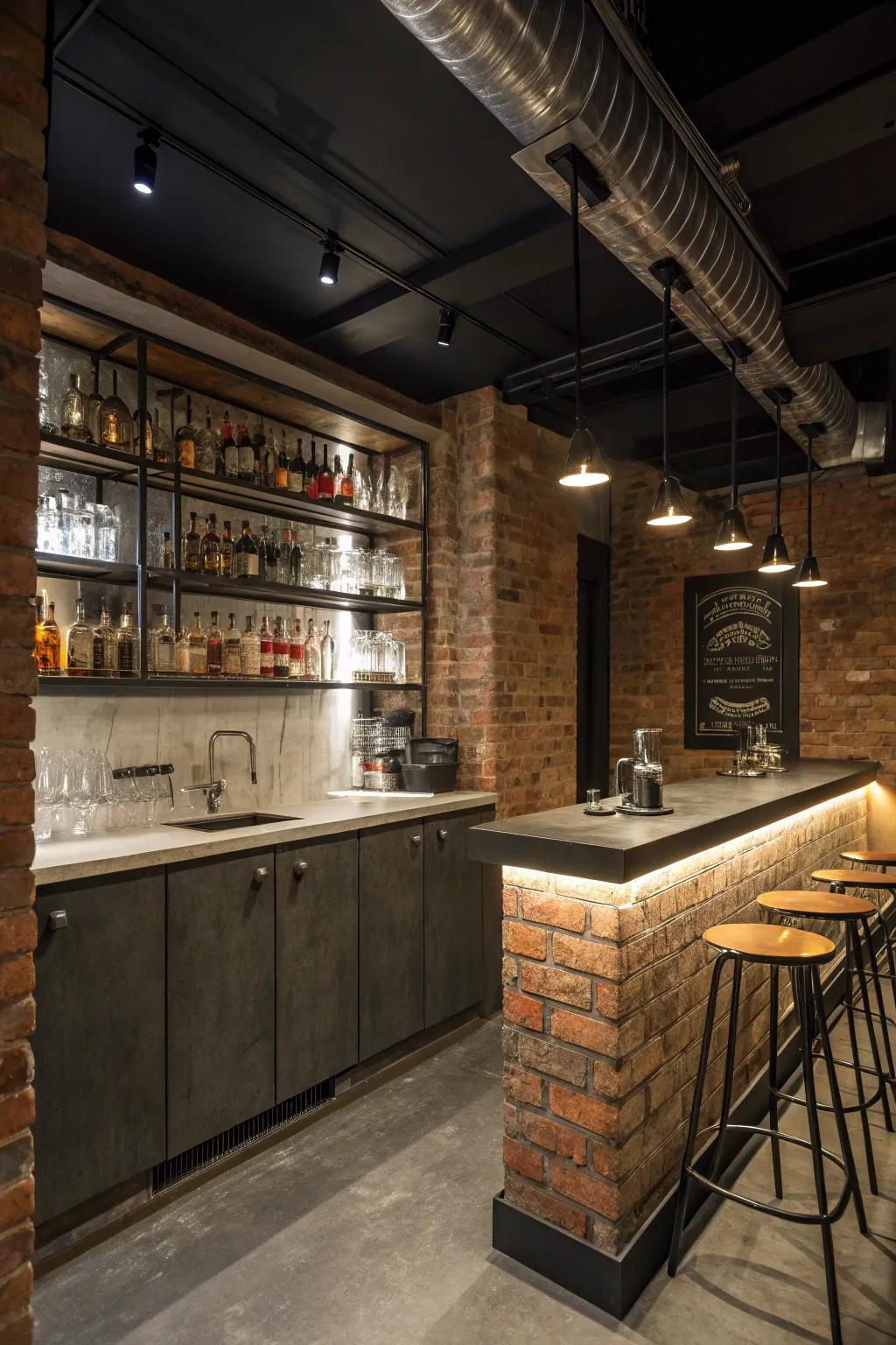 Industrial chic design aspects in a small wet bar.