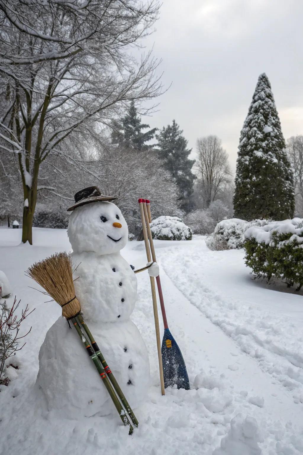 A snowman ready for adventure with skis and broom.