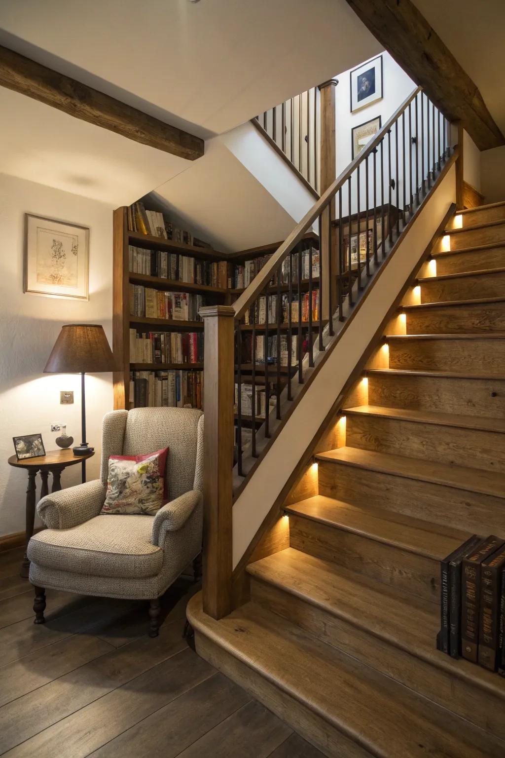 Staircase integrated with bookshelves for stylish storage.