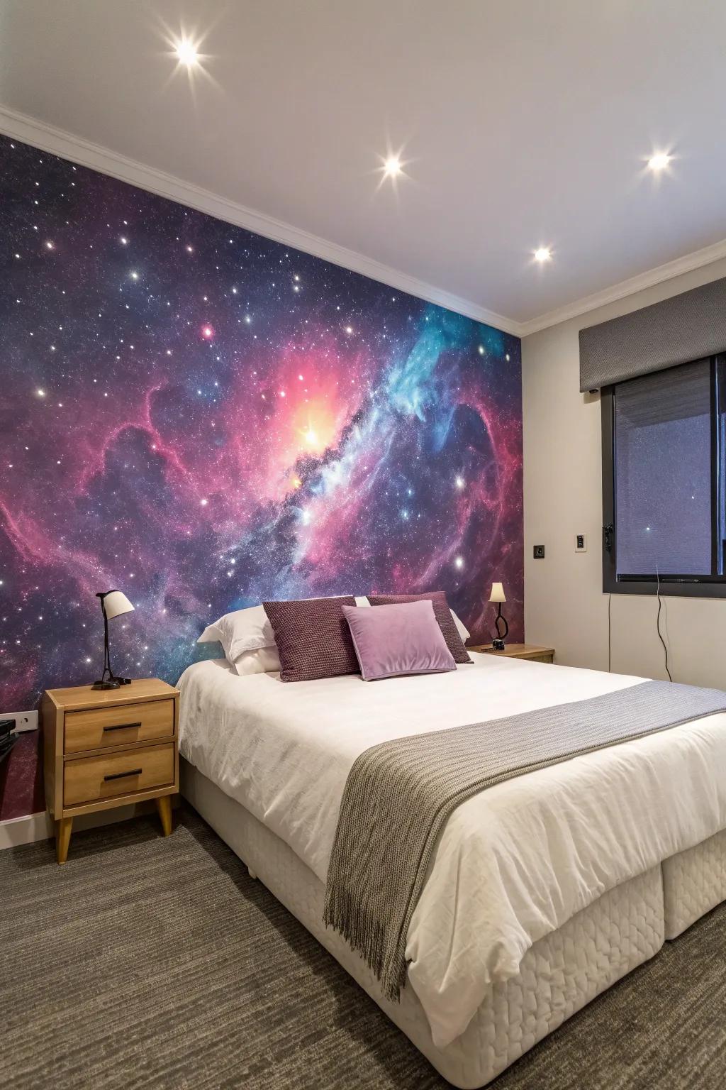 Nebula-inspired wall paint adds a dramatic touch to the bedroom.