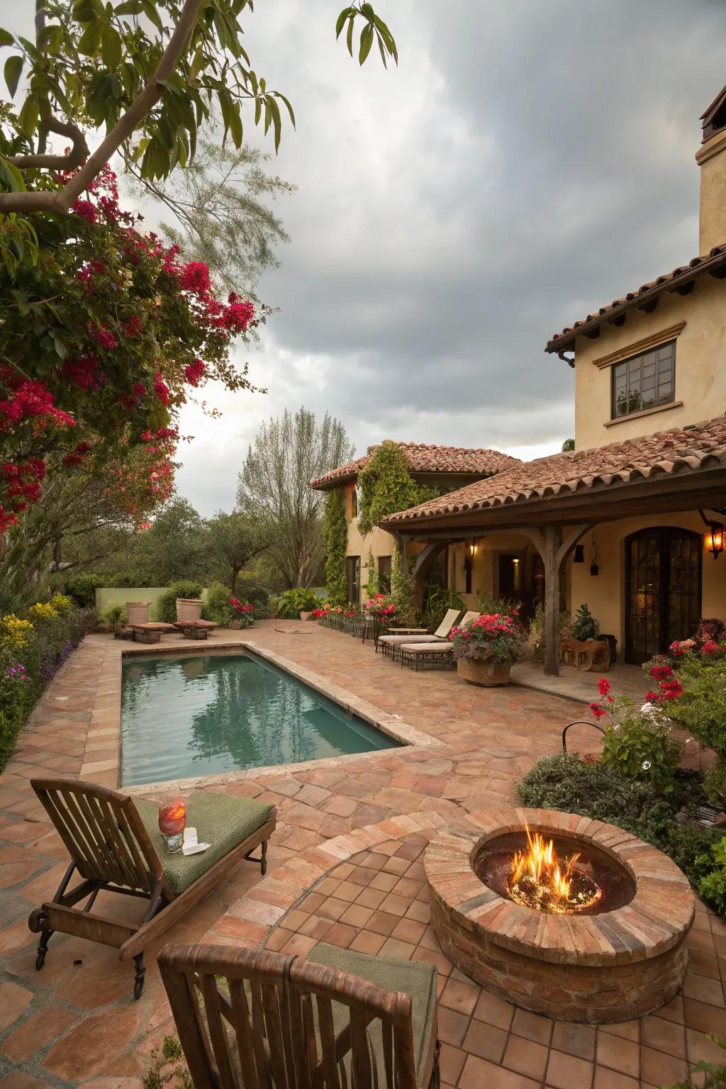 A fire bowl serves as a cozy gathering spot in this Spanish-inspired backyard.