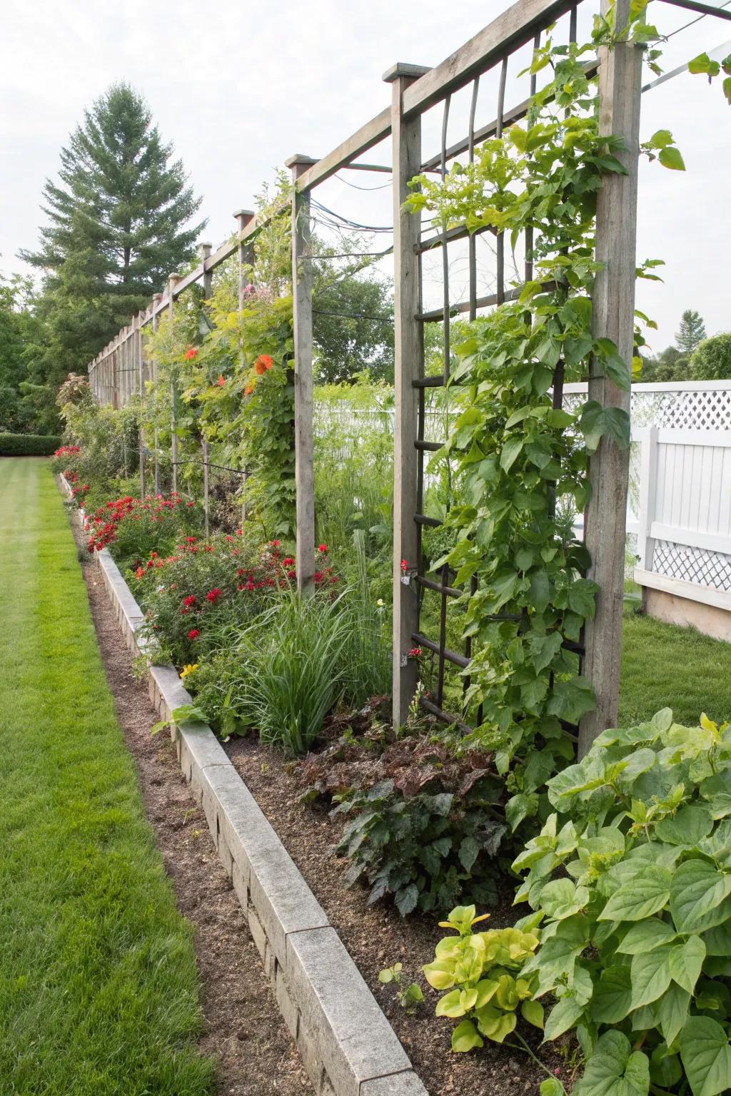 Skyward planting optimizes space within smaller garden settings.