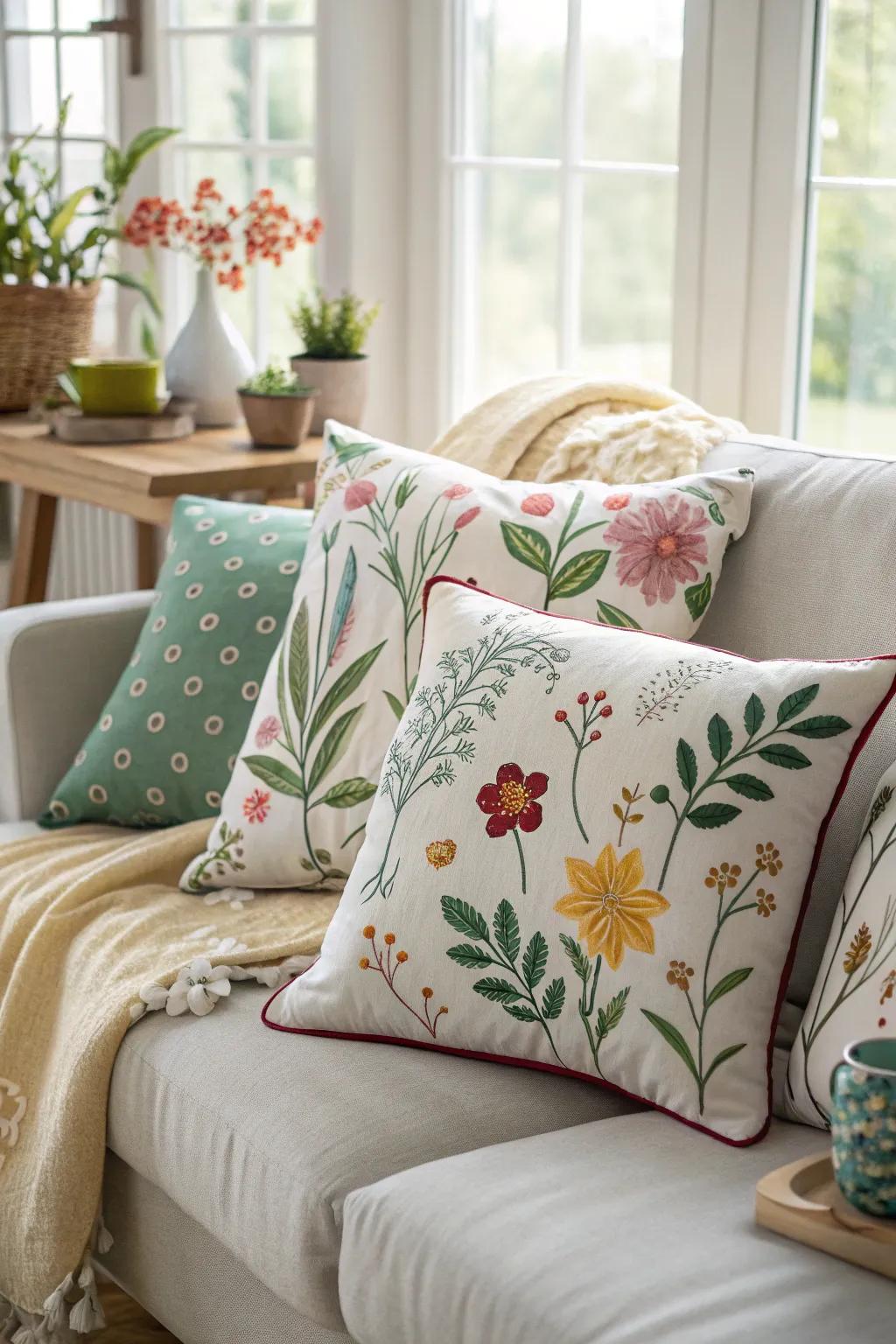Seasonal decorative cushions with spring motifs refresh the room’s decor.