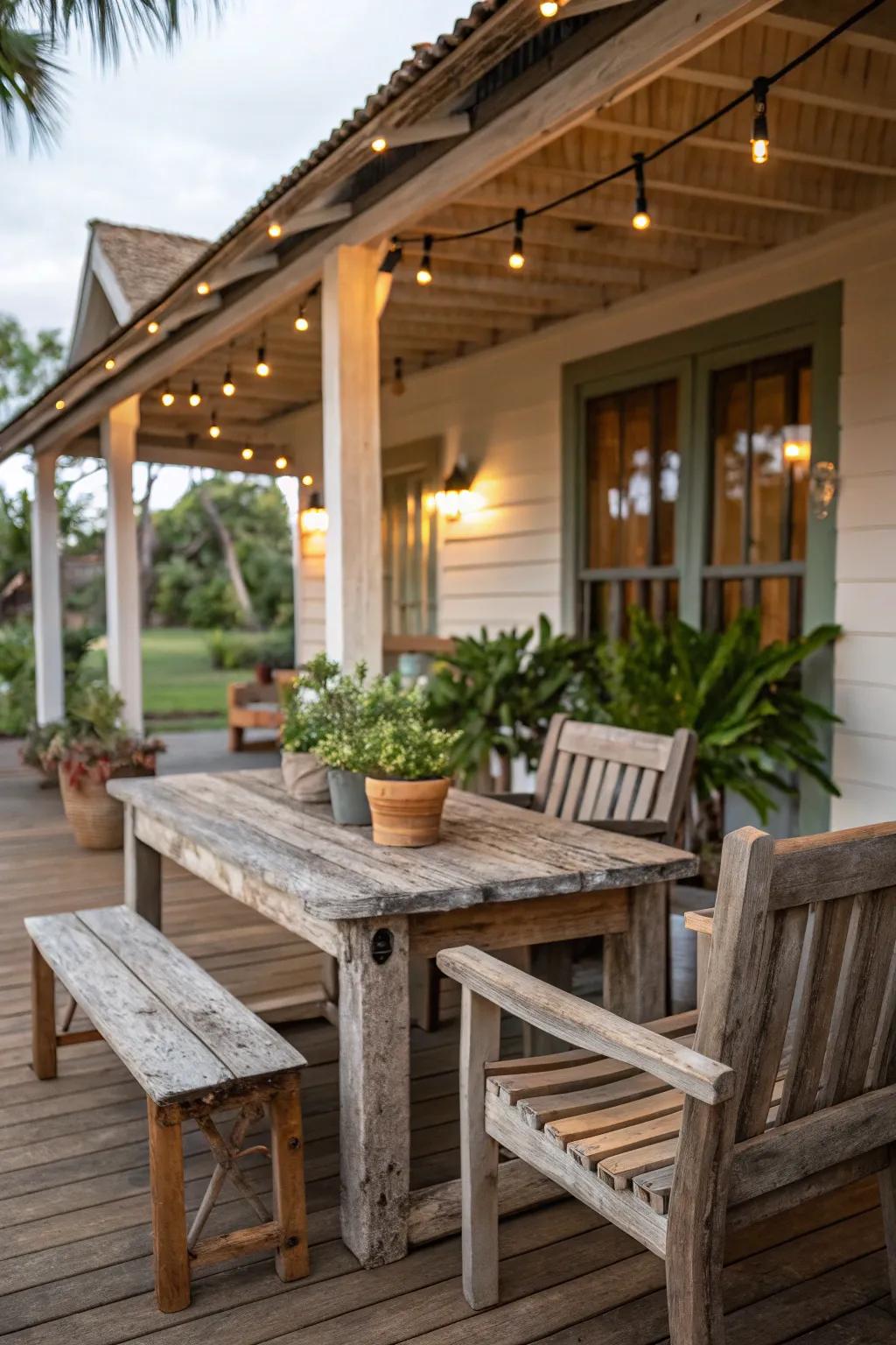 Salvaged plank furnishings contribute rustic allure and sustainability to your porch.