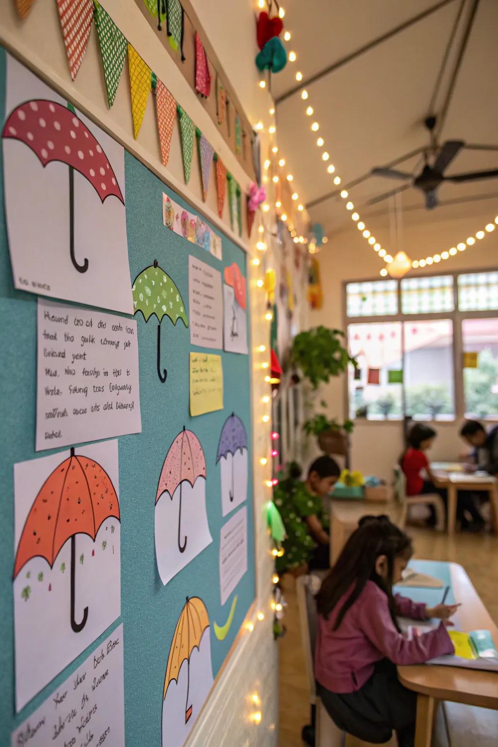 Raindrops and umbrellas inspire rainy day writing.