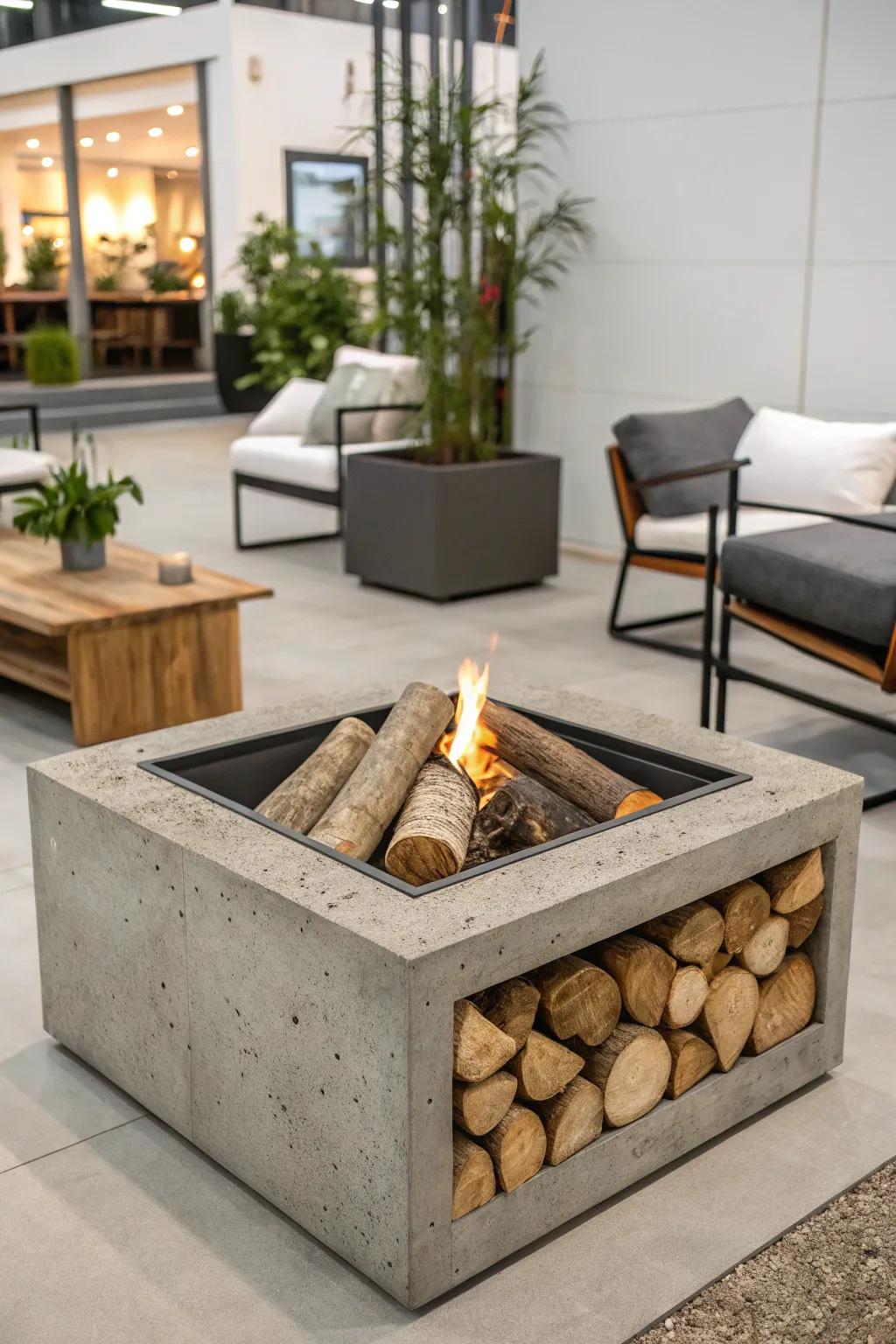Wood and concrete create a fashionable contrast.