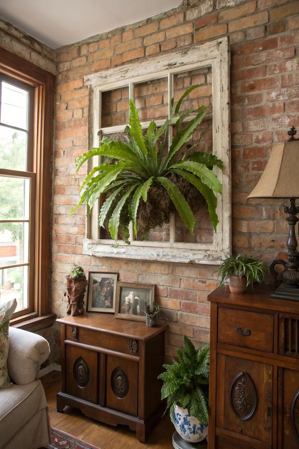 An vintage opening border provides a charming, historical mount for a staghorn fern.