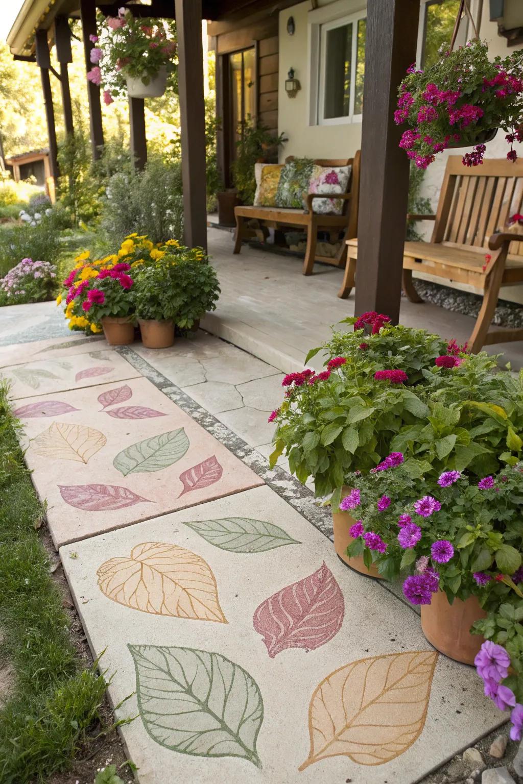 A playful patio with quirky leaf designs on dyed concrete.