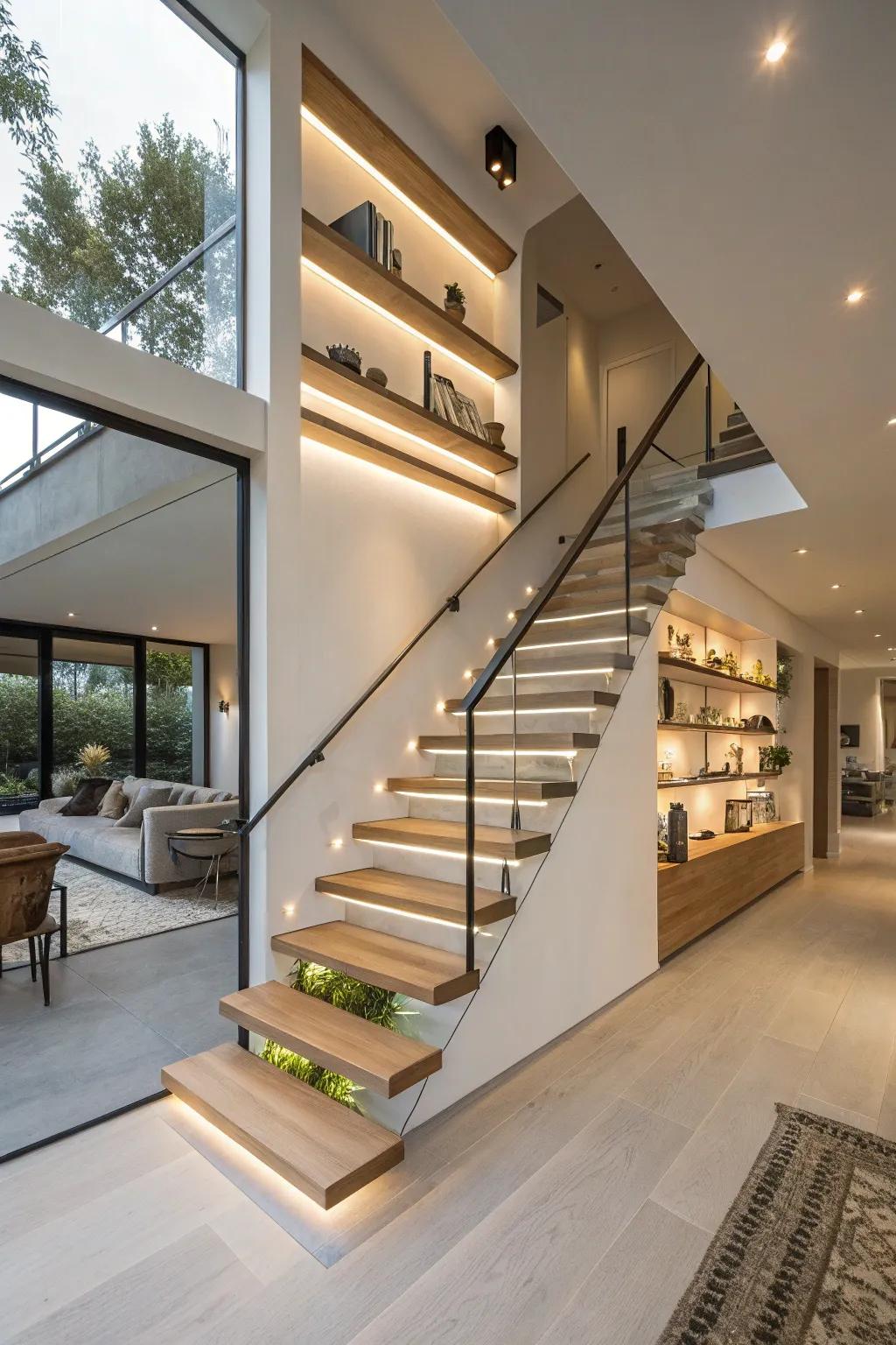 Floating shelves attach practical storage and display capacity to this staircase.