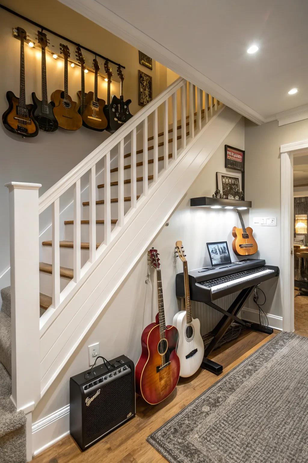 Harmonize your home with musical instrument organizer beneath the staircase.