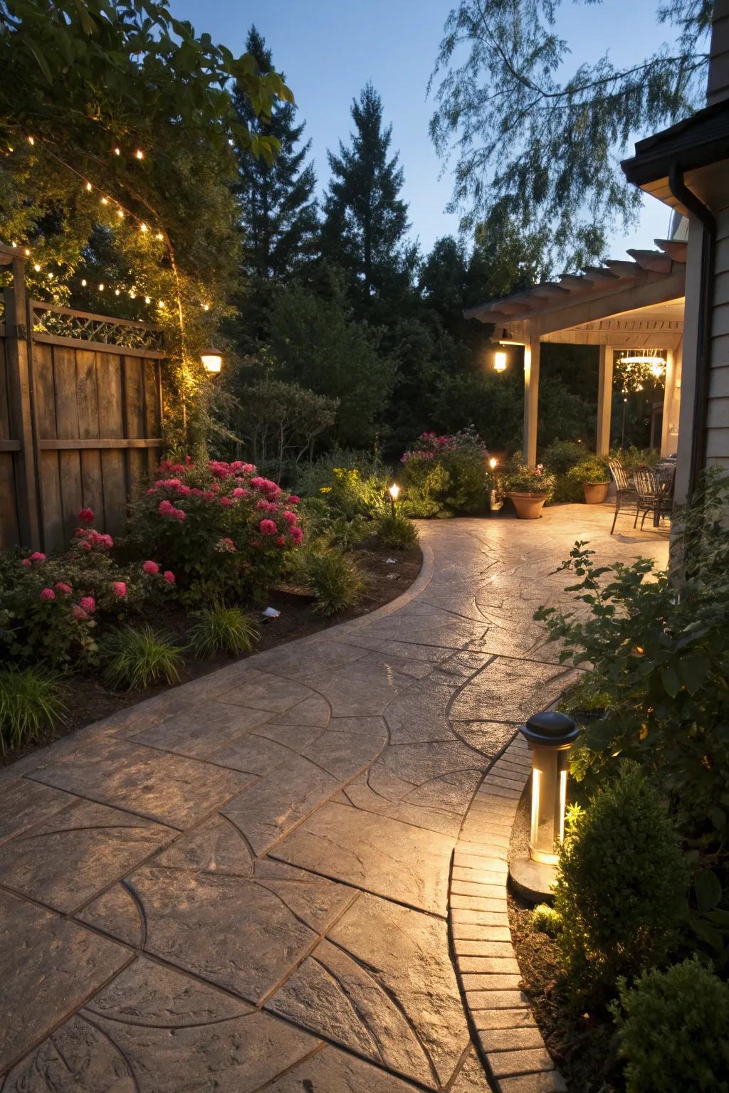 A stamped concrete patio glowing with ambient lighting.