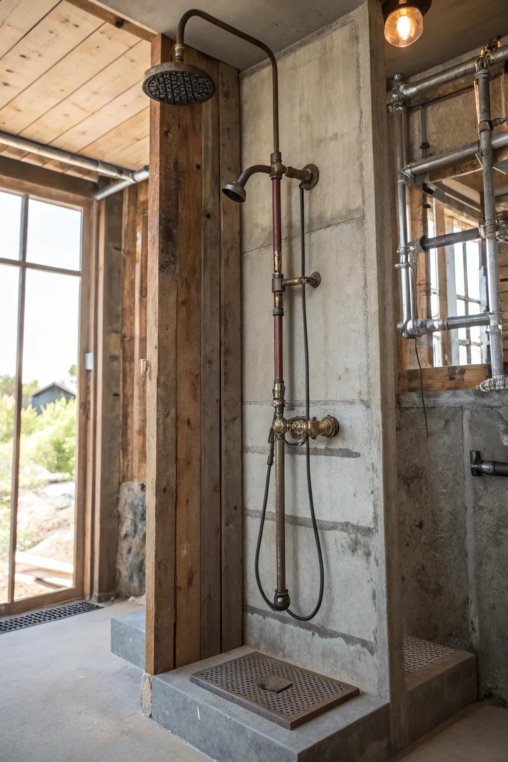 Industrial chic style imparts an edgy touch to your shower.