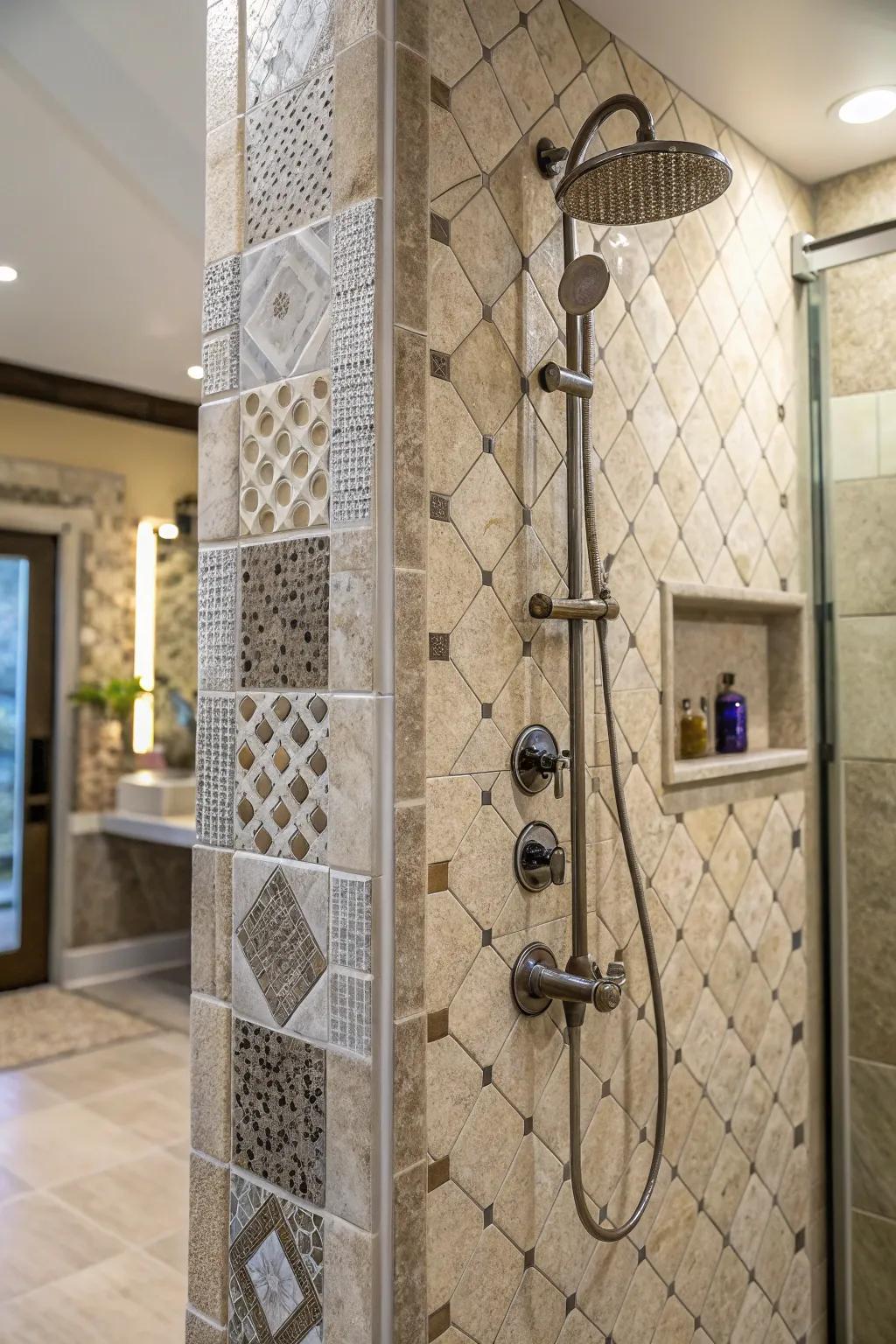 Texture enriches depth and interest in a standup shower.