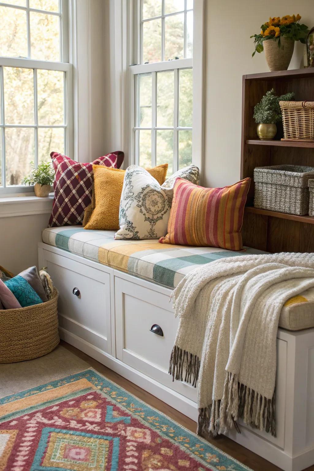 The living room includes a bench that doubles as storage.