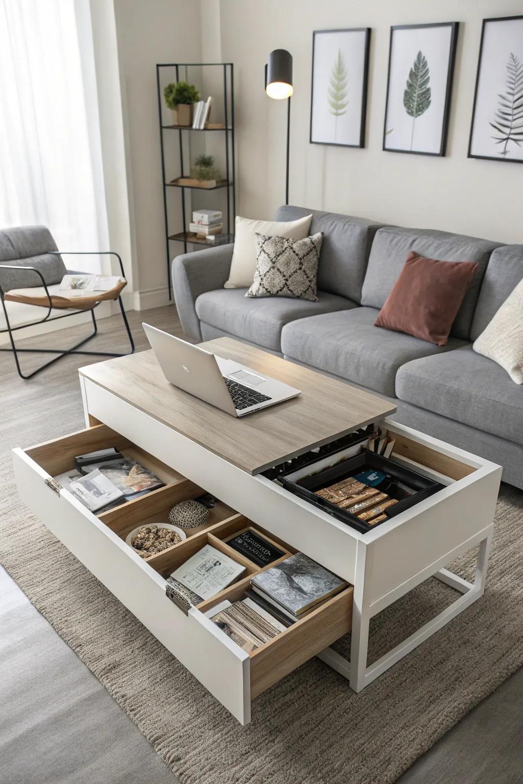 Keep clutter out of sight with a transforming coffee table.