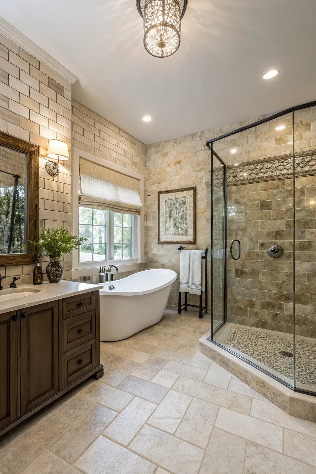 Natural stone rectangle coverings contribute perennial elegance and sophistication to the bathing space.