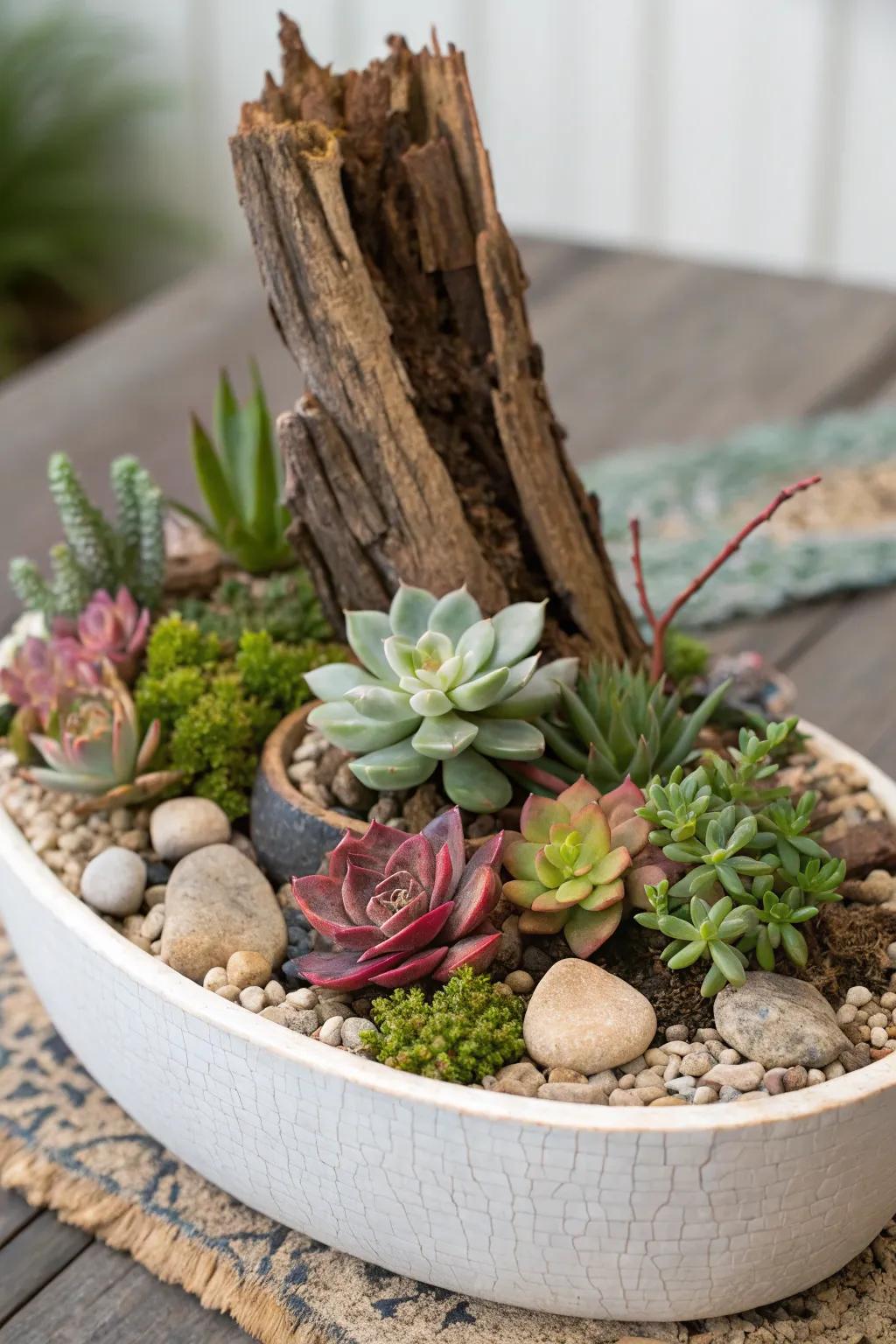 An eclectic succulent garden showcasing textured elements.