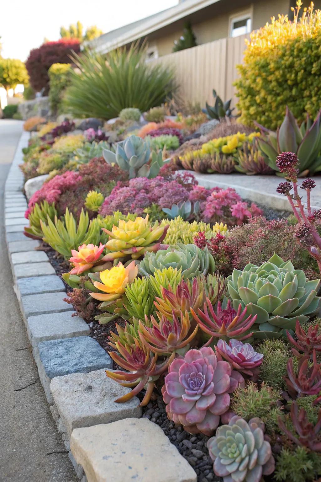 A garden vibrant with bold and contrasting succulent hues.