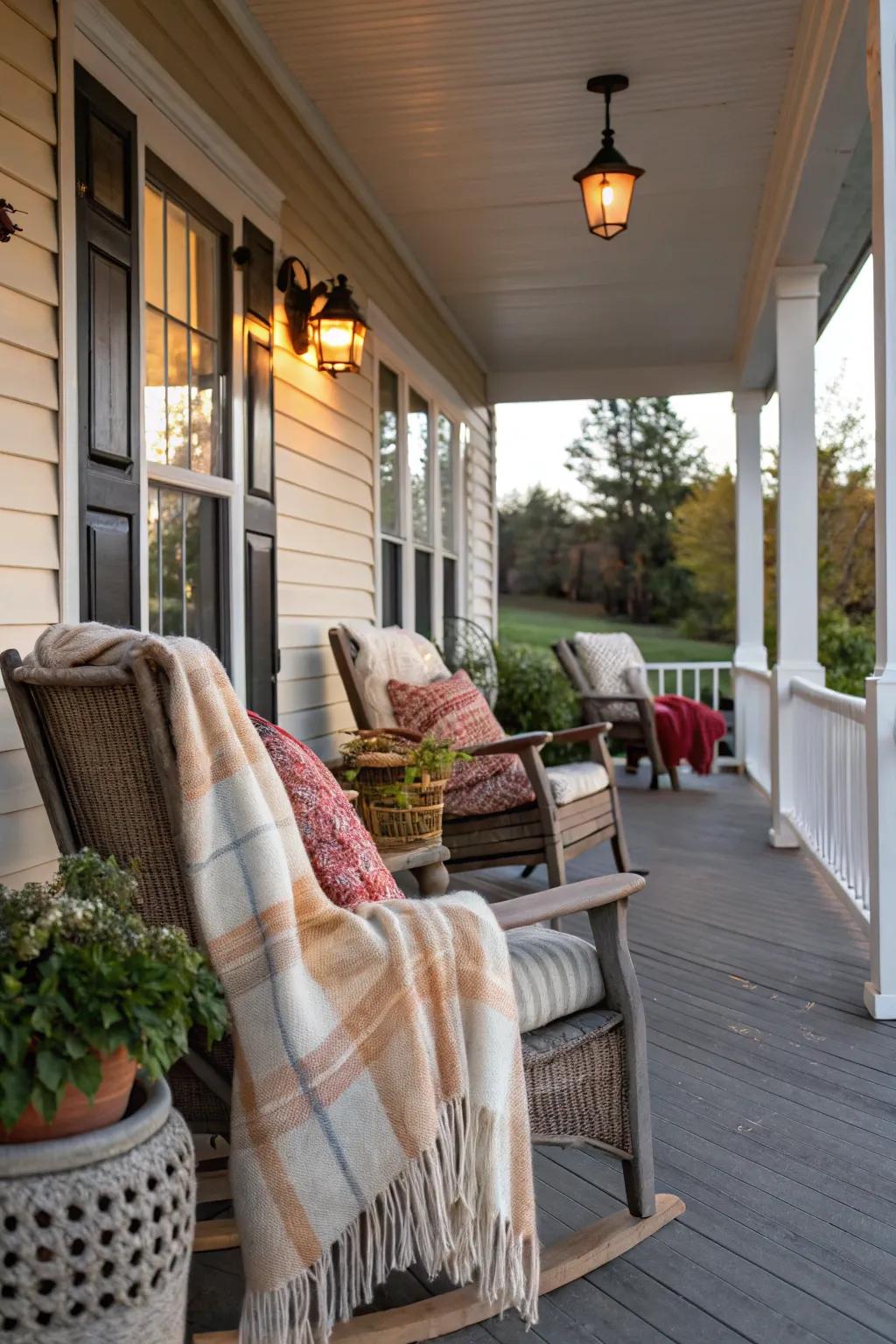 Wrap throws enrich the porch seating through comfort and warmth.