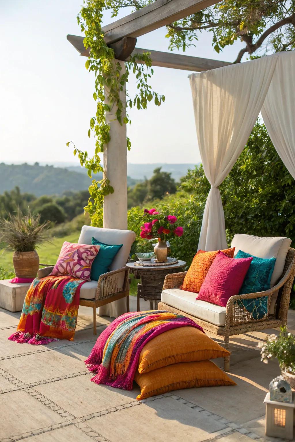 An outdoor seating zone enhanced with bright cushions and throws.