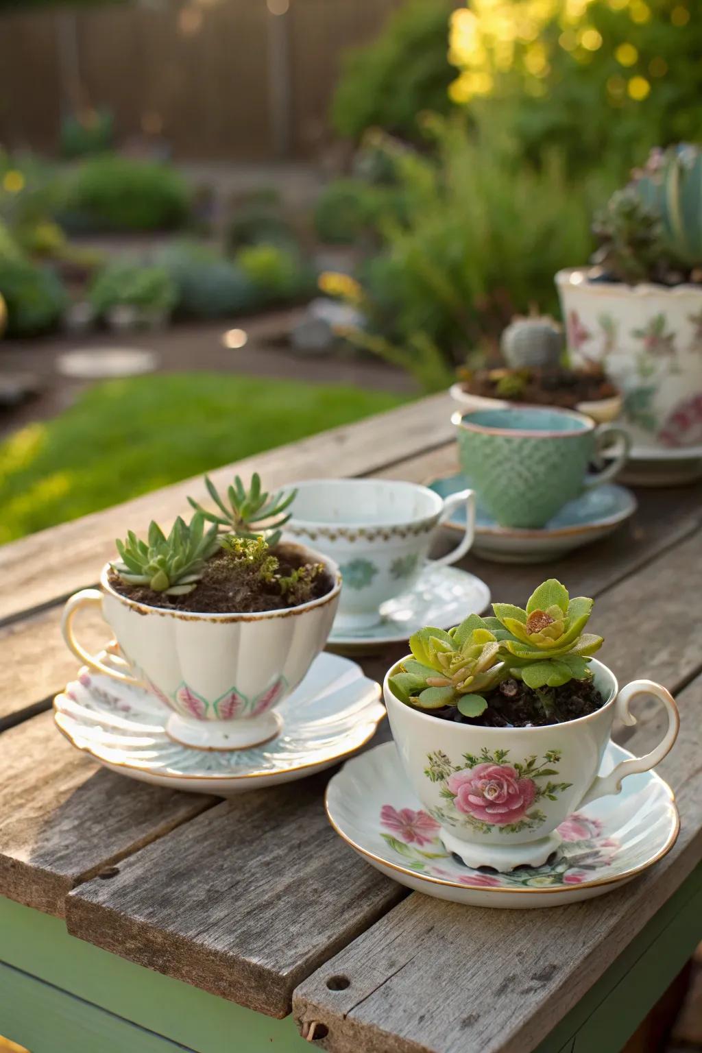 Antique china vessels repurposed as miniature flora containers