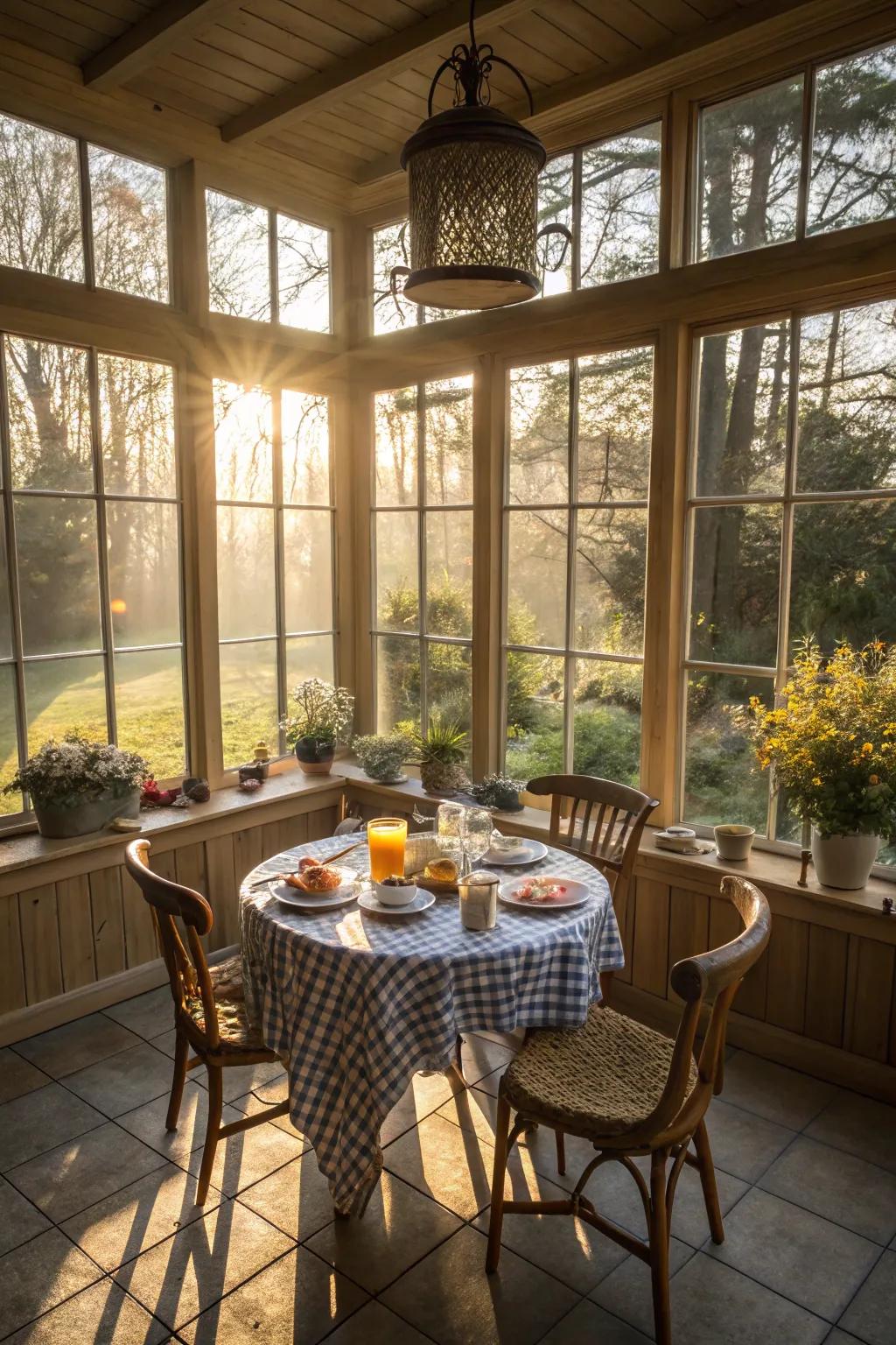A charming breakfast nook in a sunroom.
