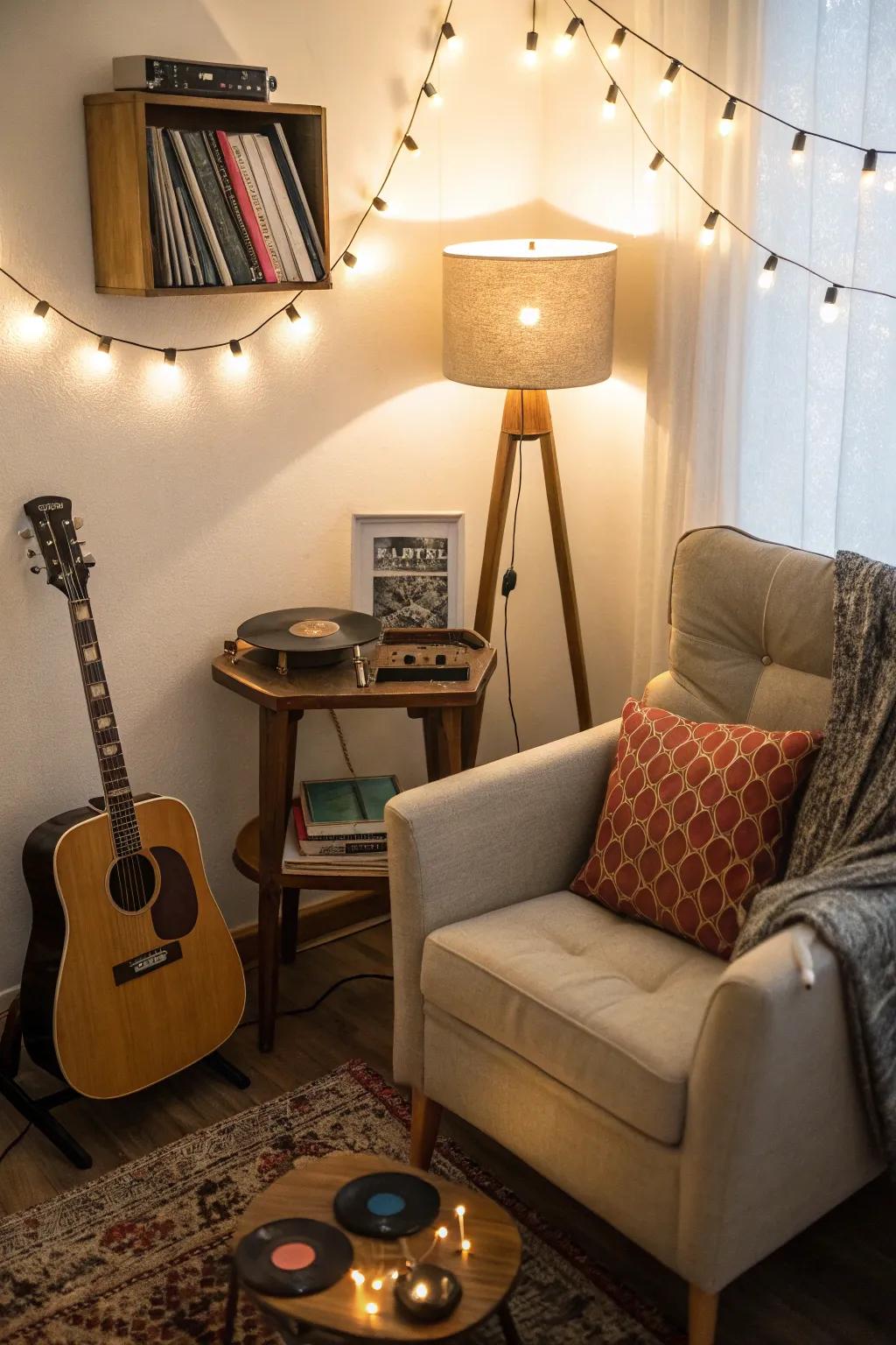 A music corner with favorite tunes enhances the party atmosphere.