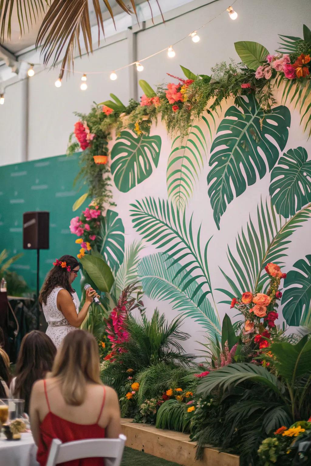A tropical-themed backdrop brings a touch of paradise to the celebration.