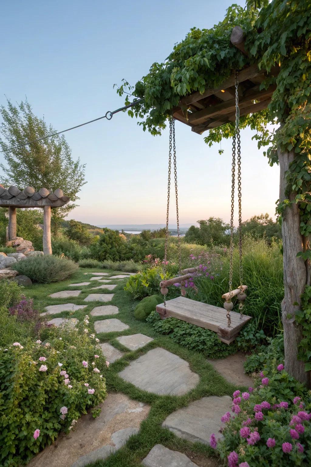 A swing with natural stone components enhances garden harmony.