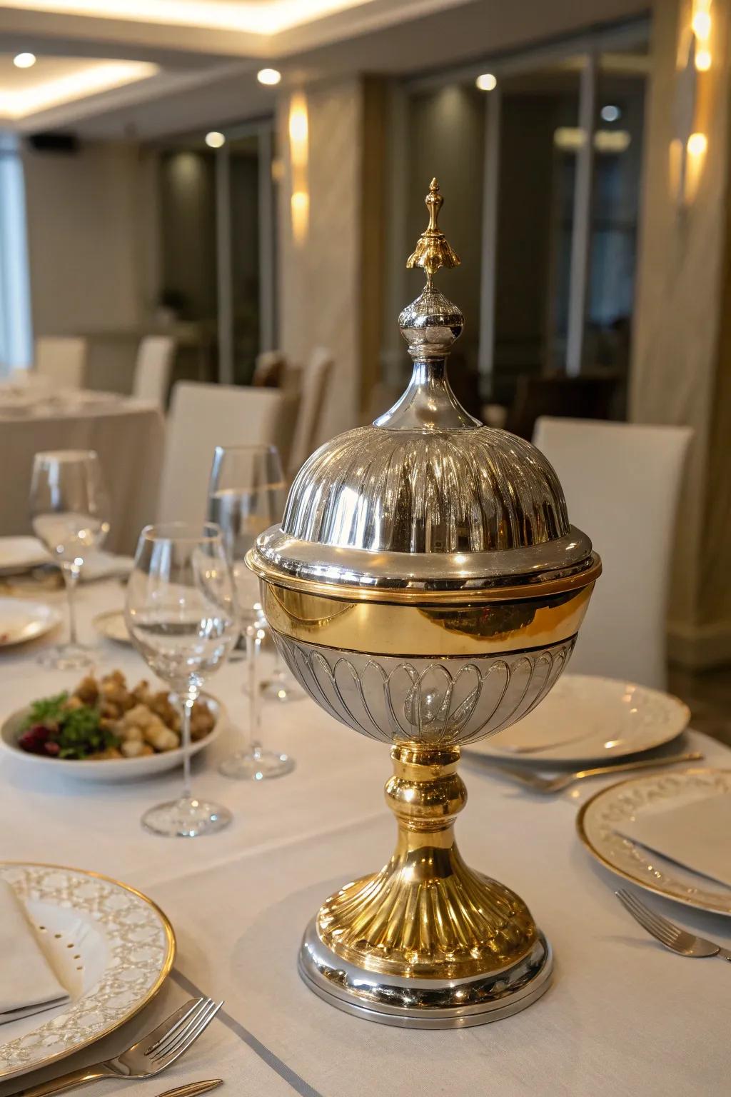 A glamorous centerpiece featuring surprising shiny elements.