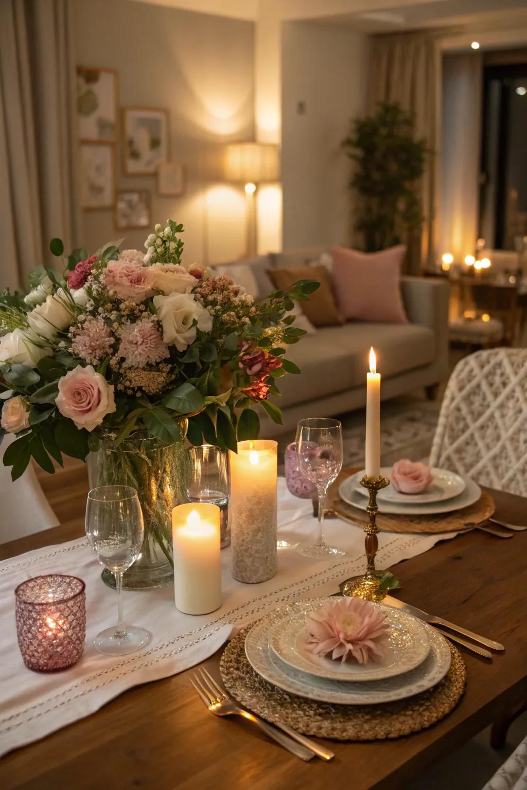 A romantic floral and candle arrangement perfect for intimate dinners.