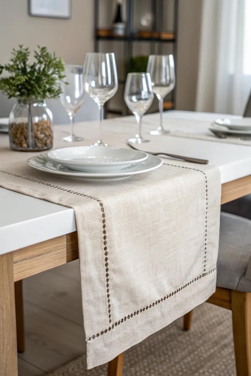 A neutral table runner for a modern and minimalist dining space.