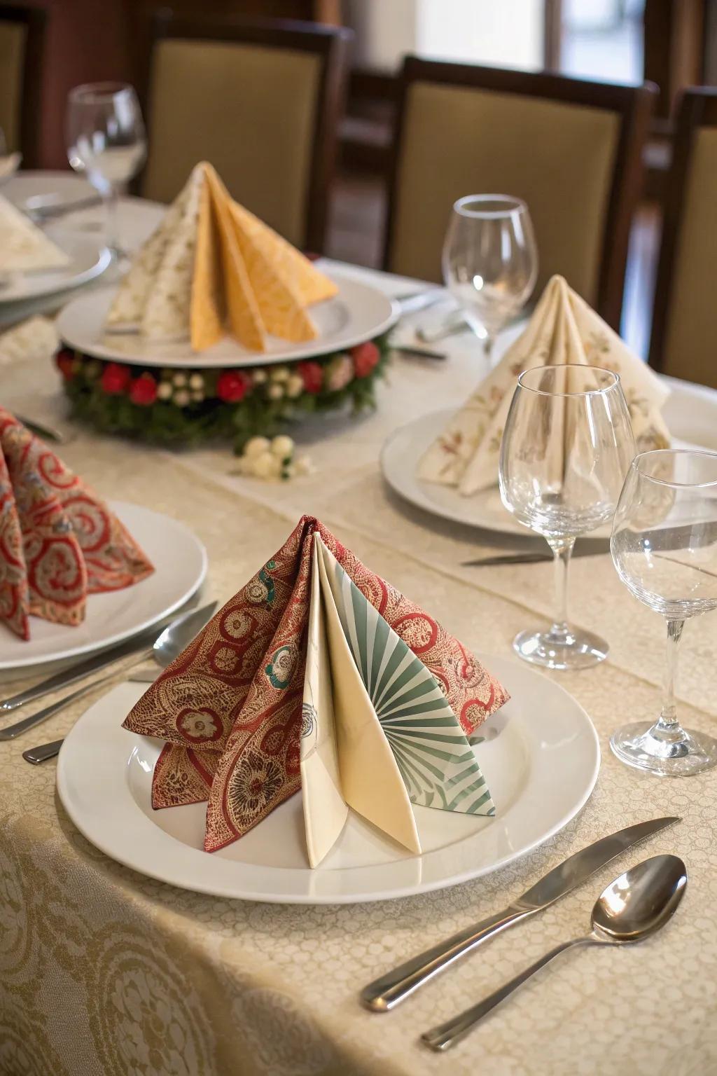 Intricate origami folds for a unique table setting.