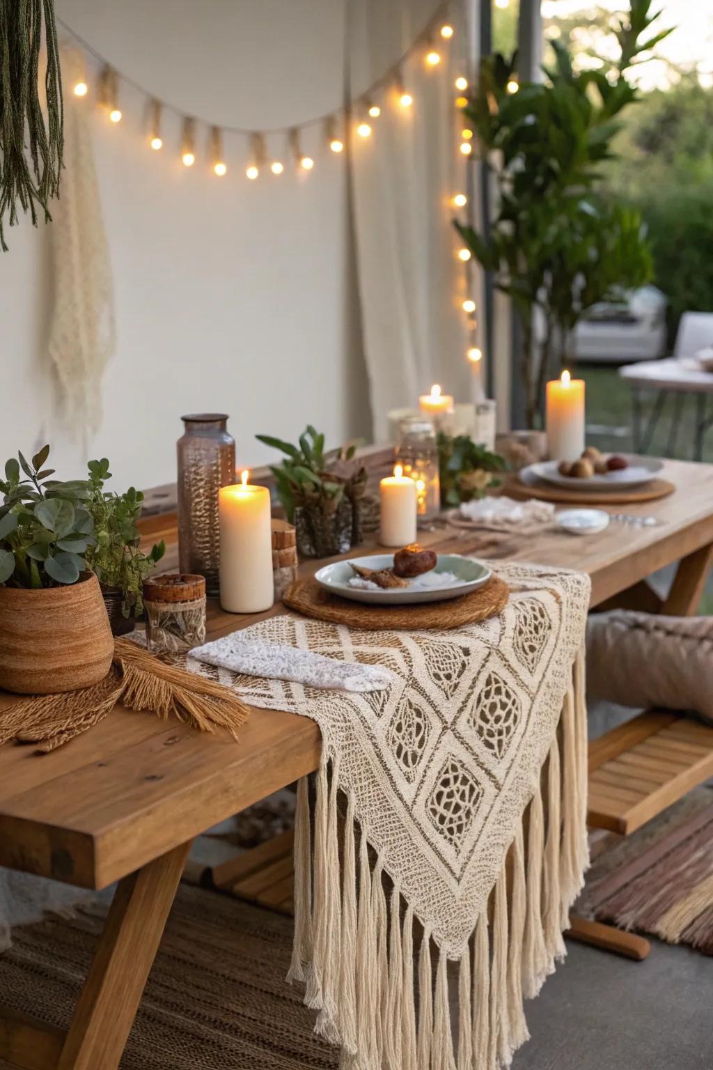A bohemian table arrangement featuring stratified textiles and earthy tones.