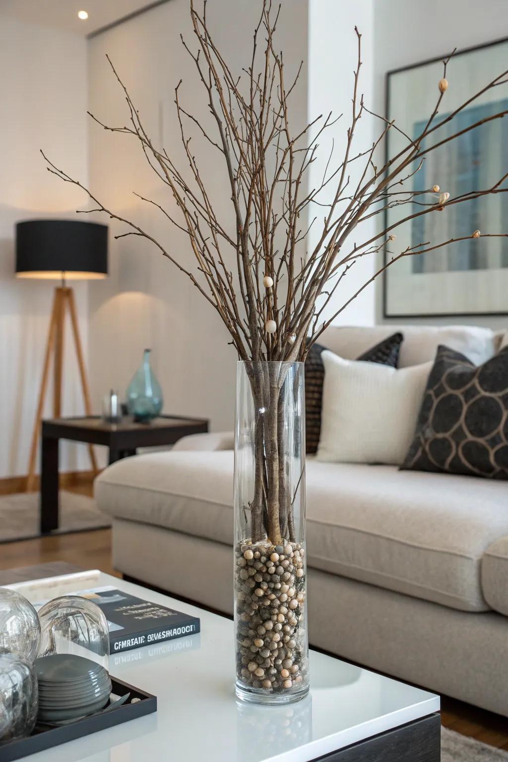 A tall glass vase showcasing styling twigs, adding an artistic flair to a contemporary living area.