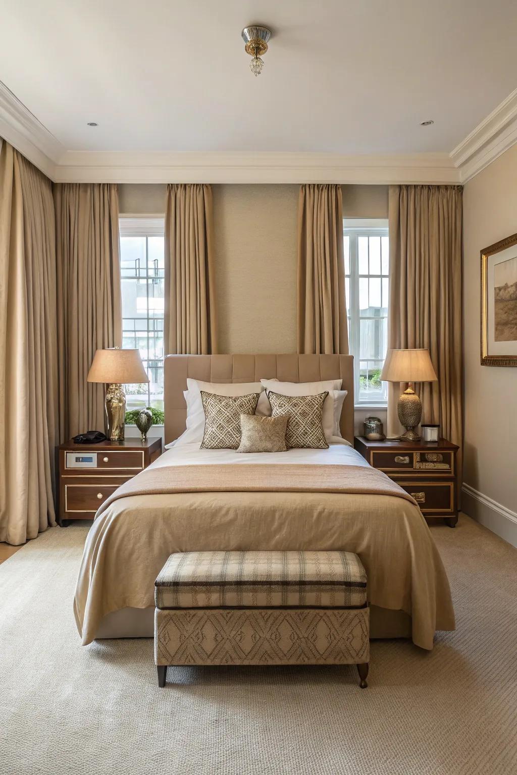 Symmetrical arrangements create a calming balance in the beige bedroom.