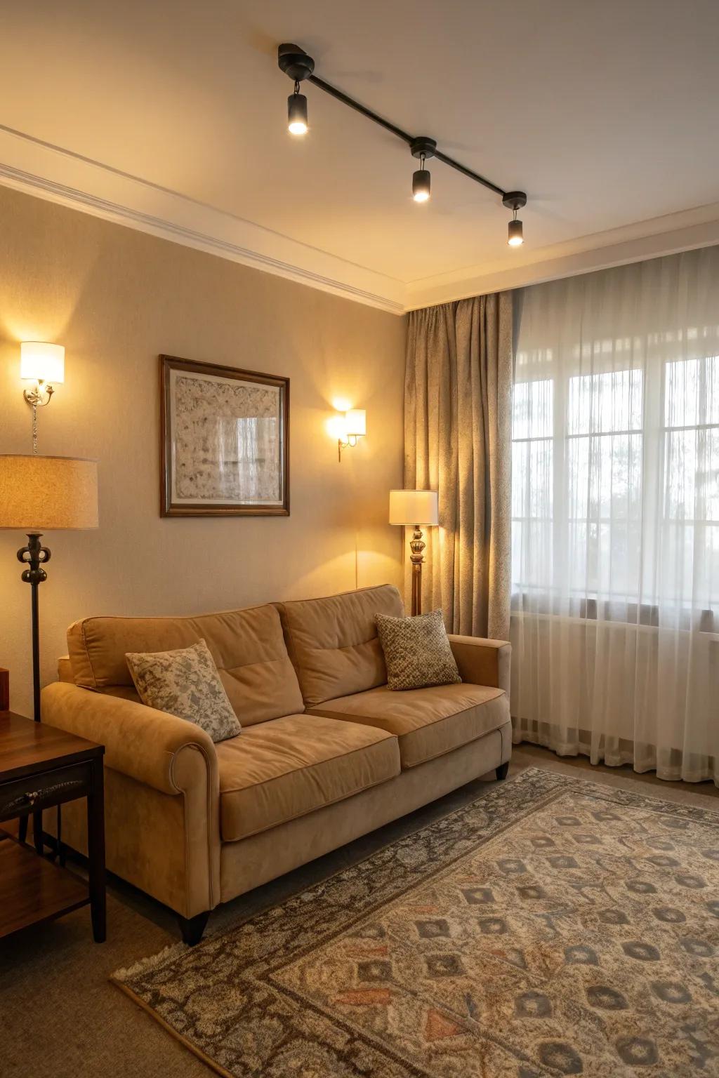 Layered lighting enhances the ambiance and highlights the beige sofa.