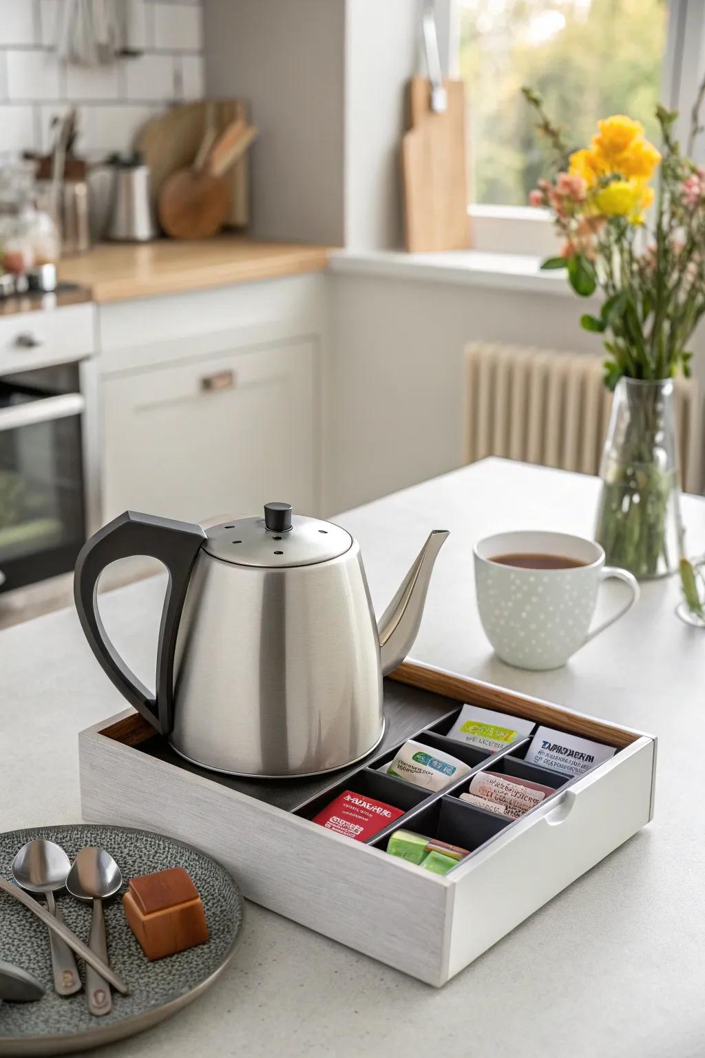 A teapot featuring integrated tea storage.