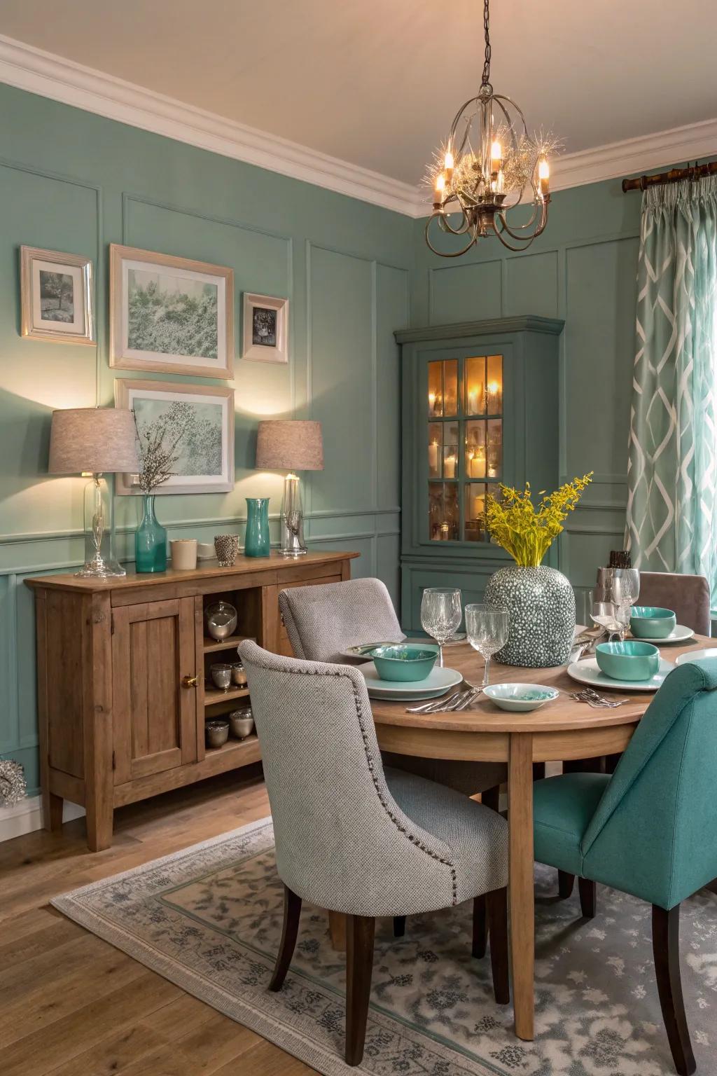 Teal and gray create a harmonious dining space