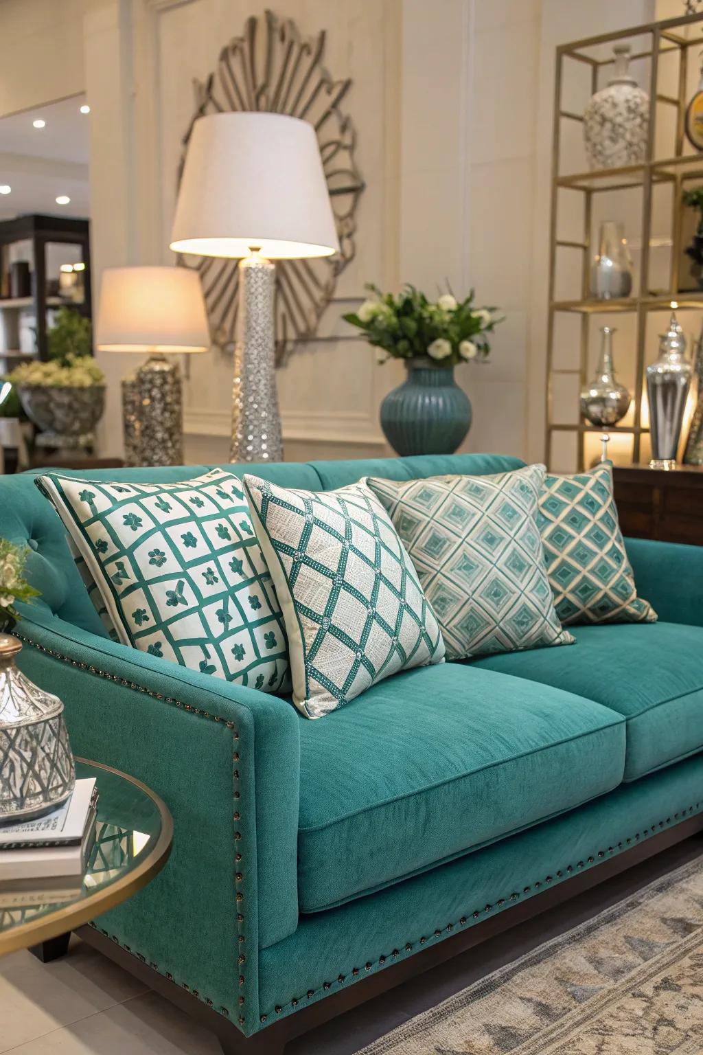 Geometrical designs introduce a contemporary touch to a cerulean sofa.