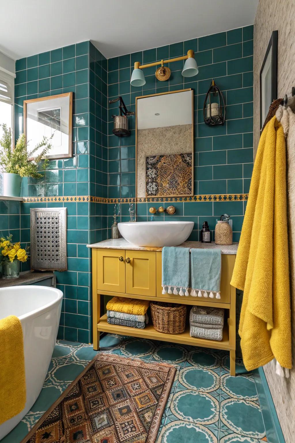 Surprising color pairings with turquoise tiles make a bold statement.