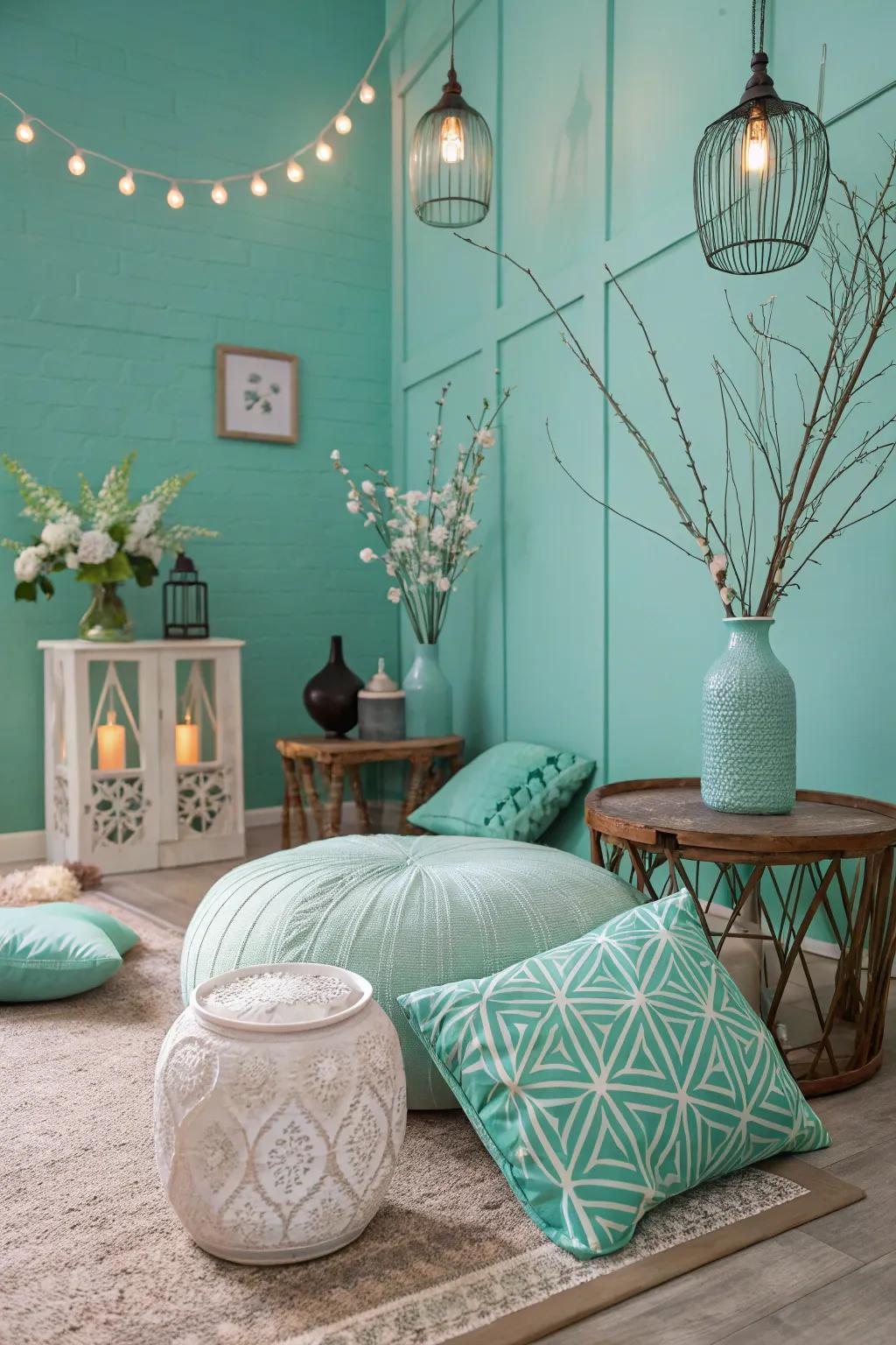 Invigorating and tranquil design with aqua and mint.