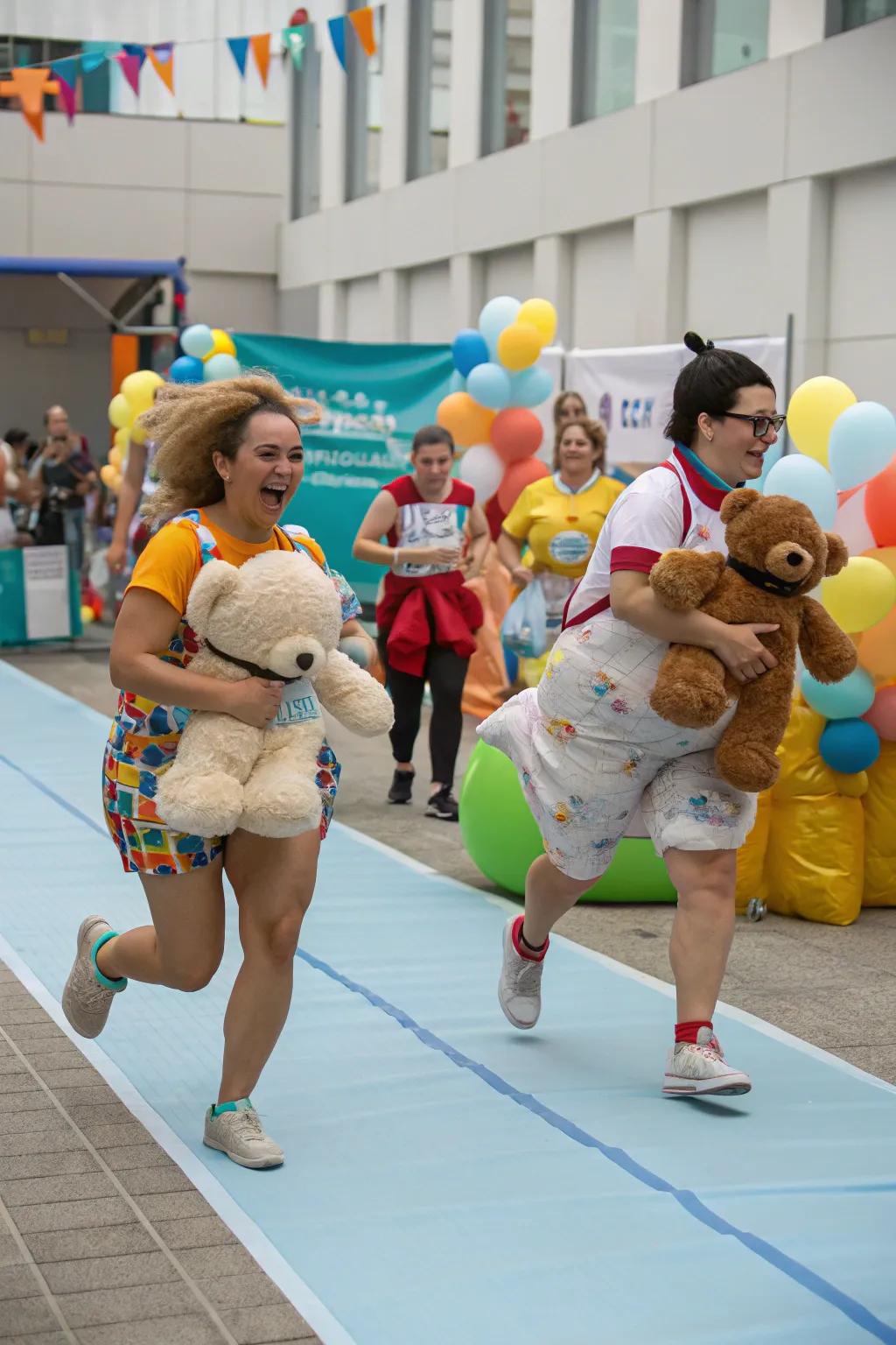 A diaper relay race with teddy bears adds laughter to the event.