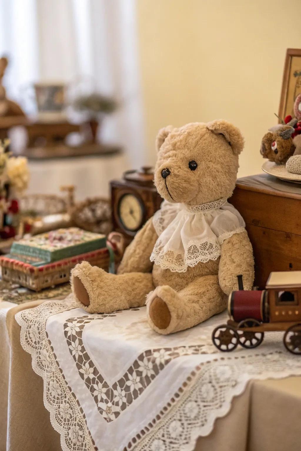 Vintage vibes infuse character into a plush companion centerpiece.